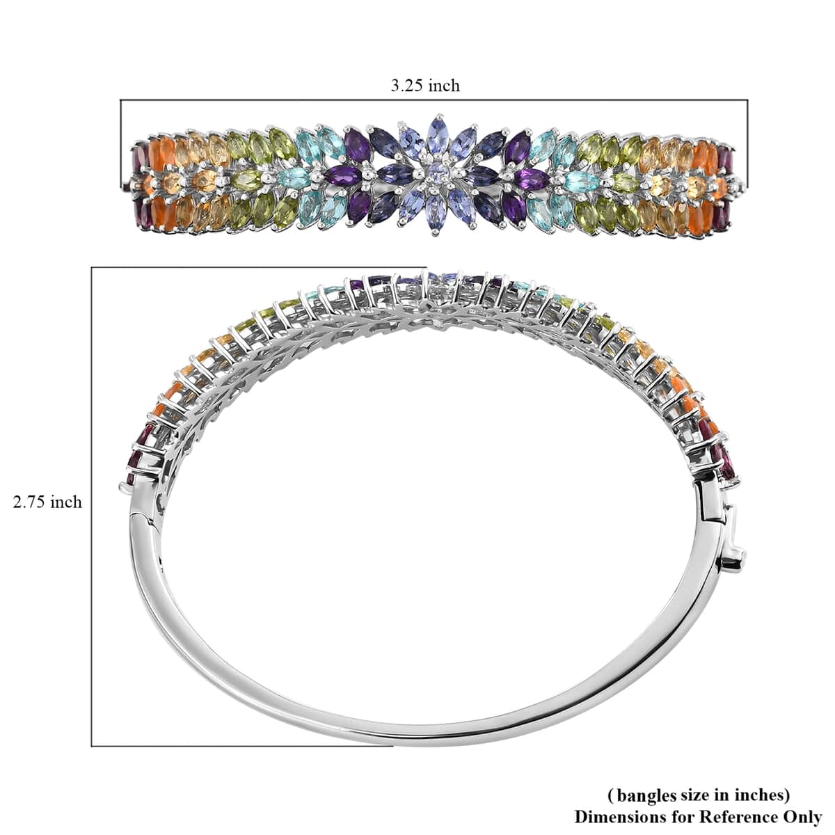 Multi Gemstone Floral Spray Bangle Bracelet in Platinum Over Sterling Silver (7.25 In) 22.40 Grams 11.30 ctw image number 4