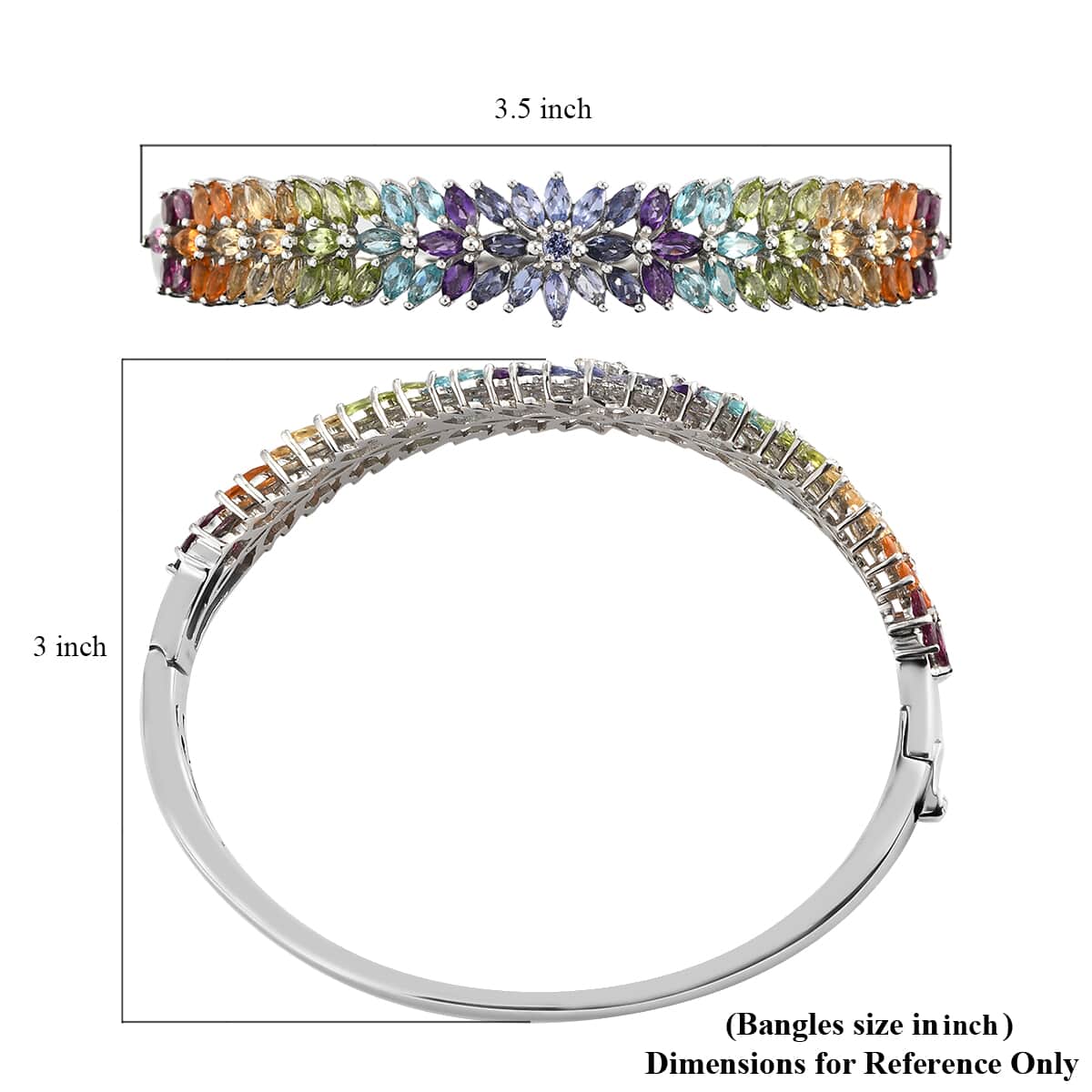 Multi Gemstone Floral Spray Bracelet in Platinum Over Sterling Silver, Multi Gemstone Bangles, Silver Bangles (8 In) 11.30 ctw image number 5
