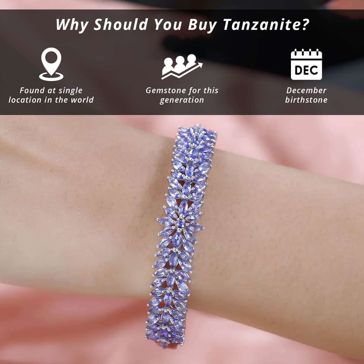Tanzanite Floral Bangle Bracelet For Women in Platinum Over Sterling Silver, Wedding Gift for Her 6.50 Inches 10.40 ctw image number 2