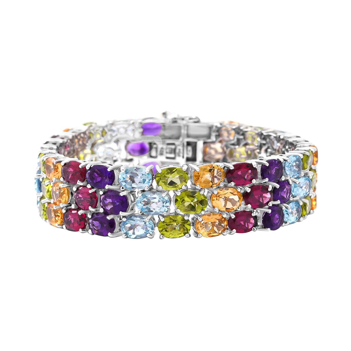 Multi Gemstone 51.40 ctw Multi Row Tennis Bracelet For Women in Platinum Over Sterling Silver, Statement Jewelry For Wedding 6.50 Inches image number 0