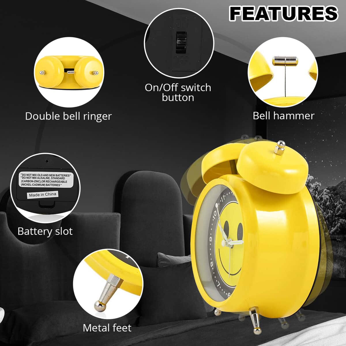 Yellow Smiley Face Double Bell Alarm Clock image number 2