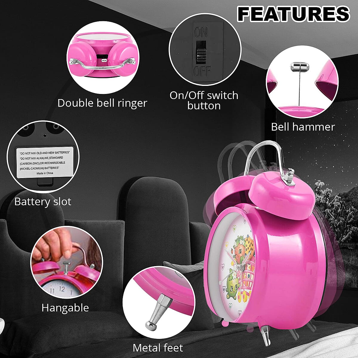 Pink Shopkins Double Bell Alarm Clock image number 2
