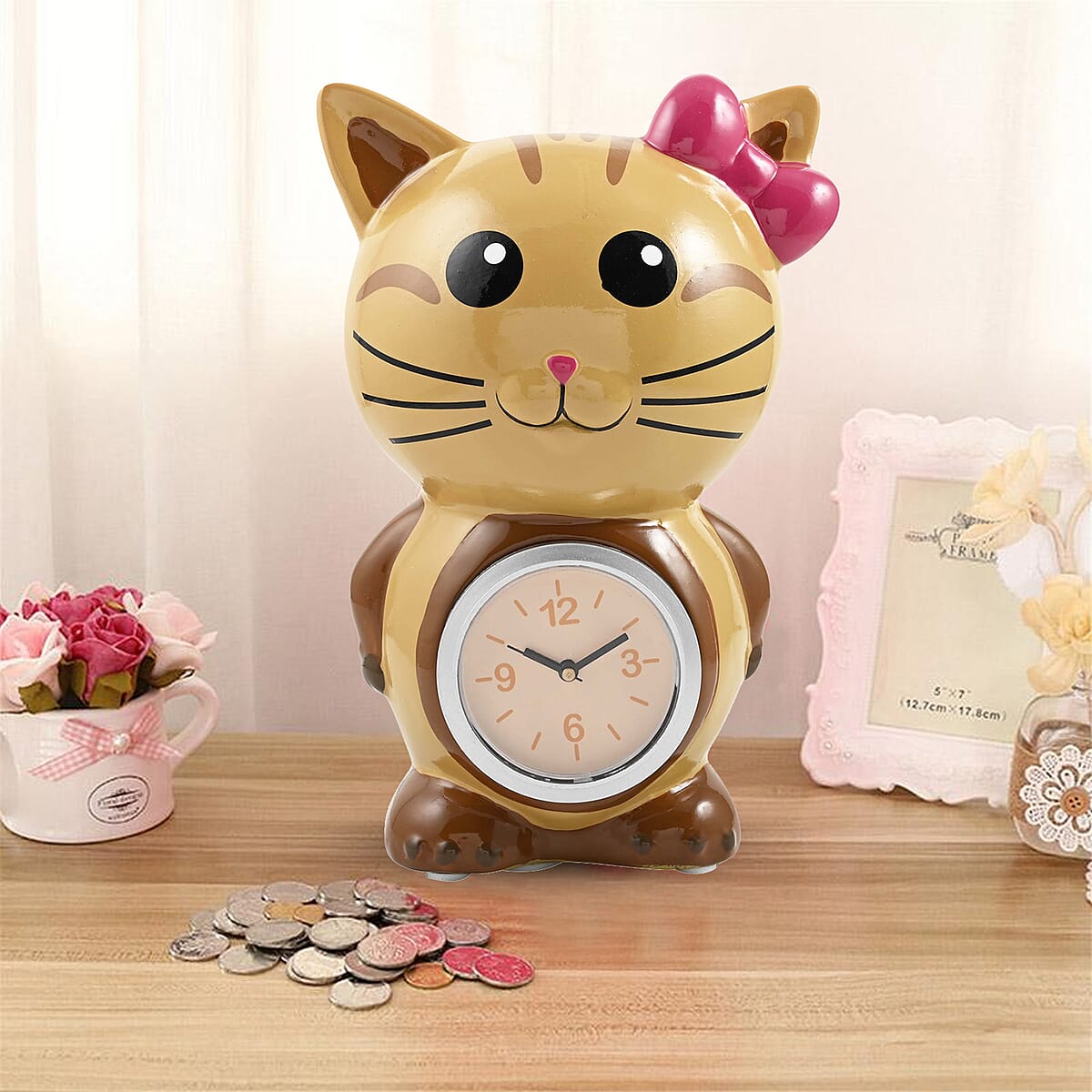Brown Cat Piggy Bank Alarm Clock image number 1