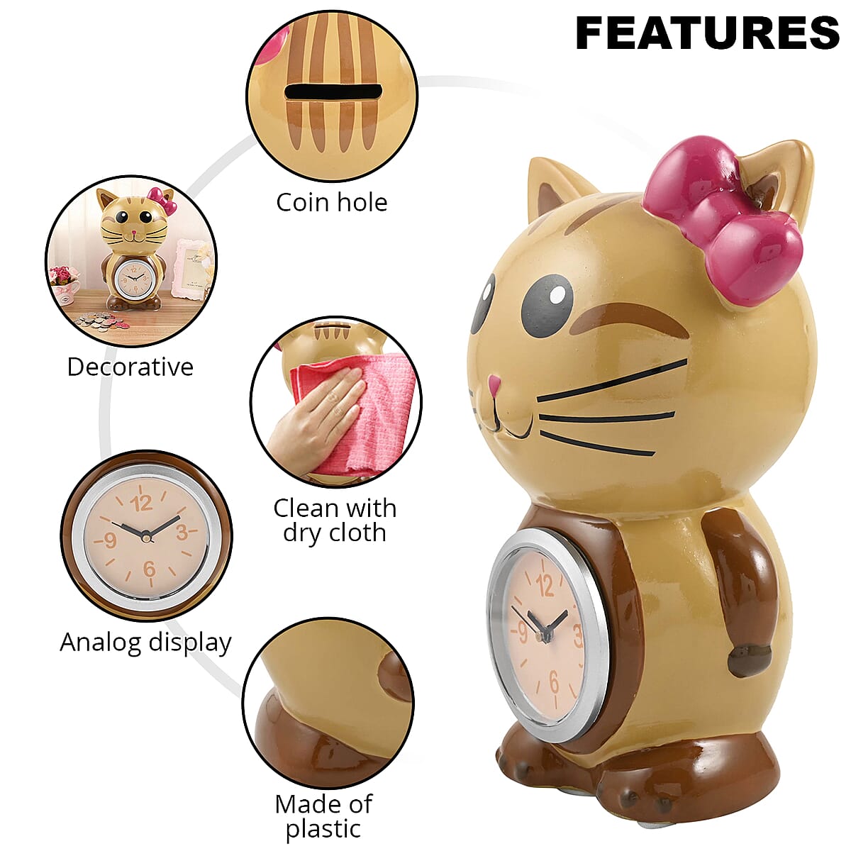 Brown Cat Piggy Bank Alarm Clock image number 2