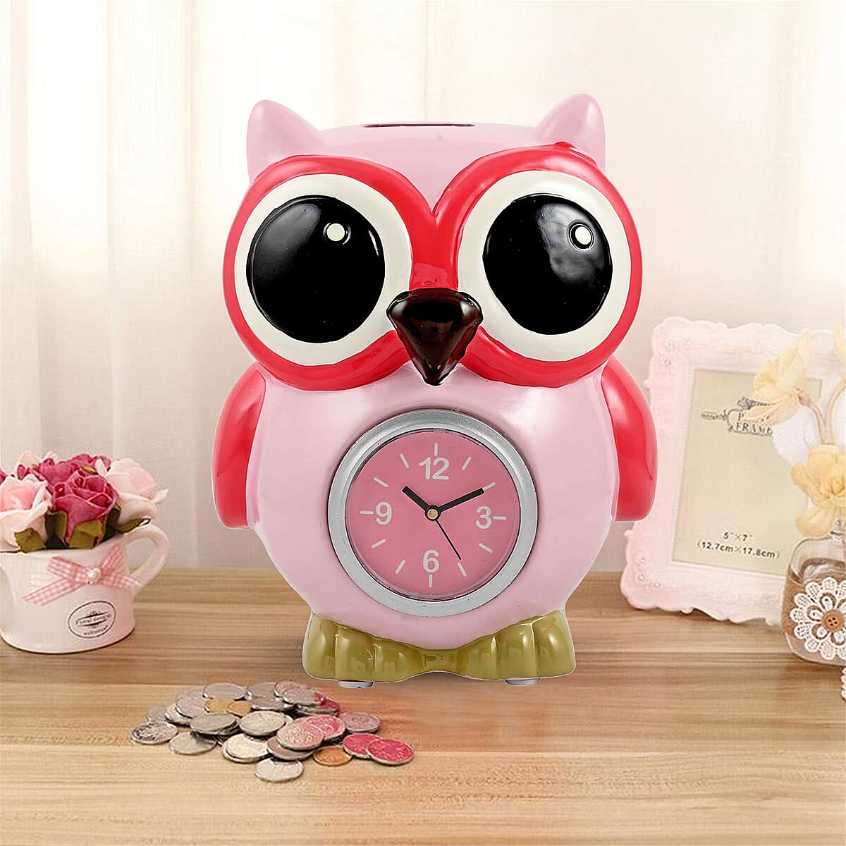 Pink Owl Piggy Bank Clock image number 1