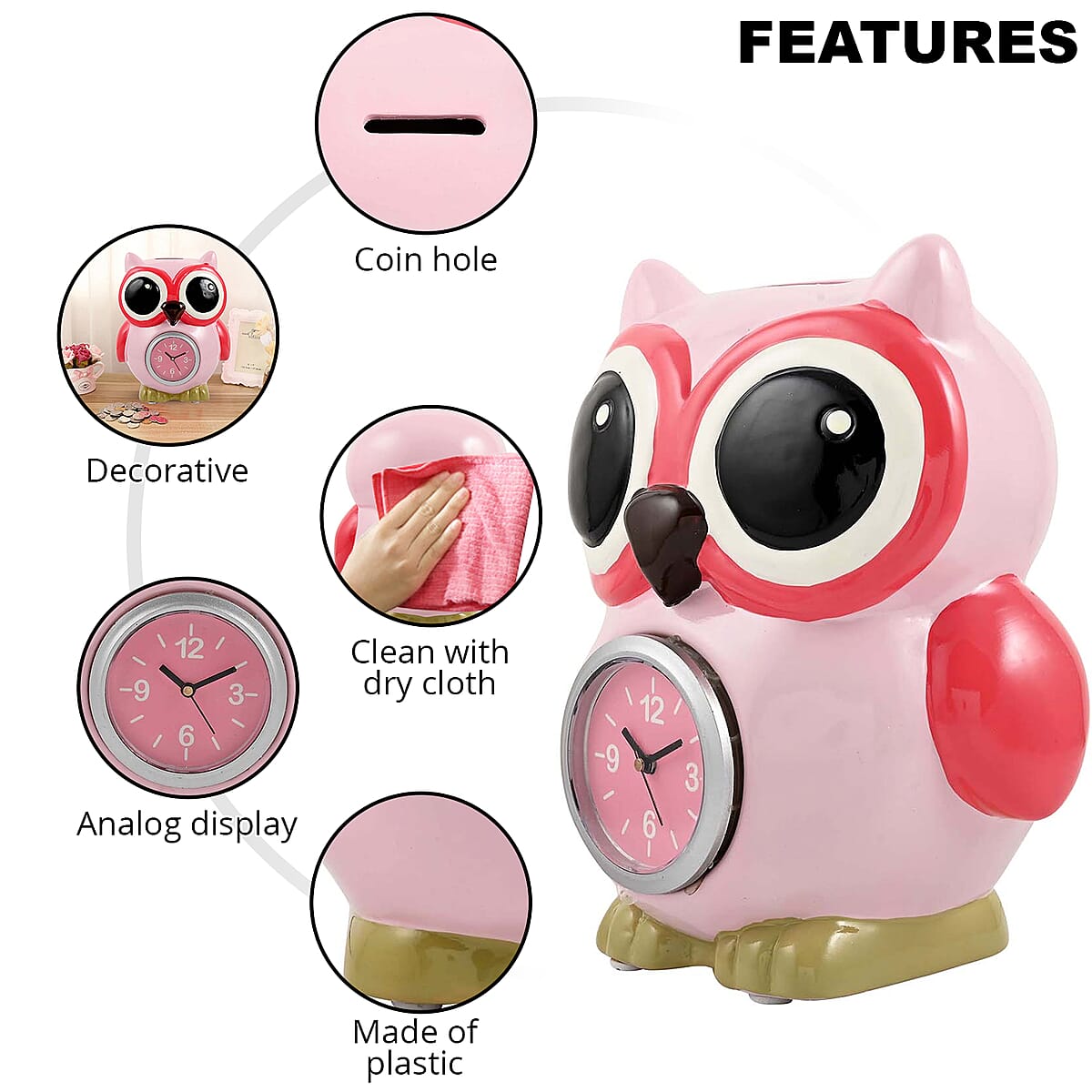 Pink Owl Piggy Bank Clock image number 2