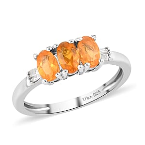 Jalisco Fire Opal and Diamond 3 Stone Ring in Platinum Over Sterling Silver (Size 5.0) 0.50 ctw