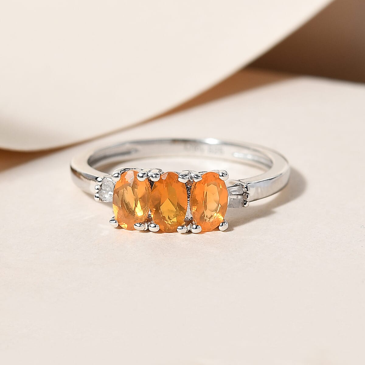 Jalisco Fire Opal and Diamond 3 Stone Ring in Platinum Over Sterling Silver (Size 5.0) 0.50 ctw image number 1