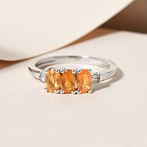 Jalisco Fire Opal and Diamond 3 Stone Ring in Platinum Over Sterling Silver (Size 5.0) 0.50 ctw