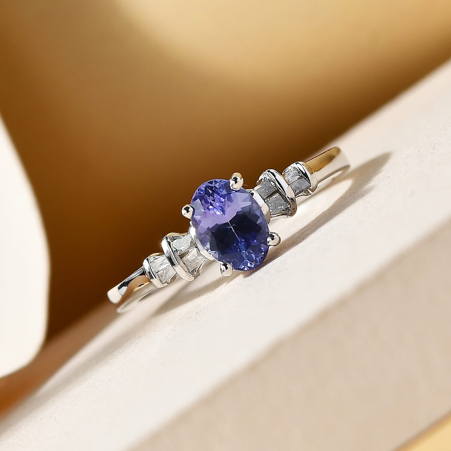 Tanzanite and Diamond Ring in Platinum Over Sterling Silver (Size 5.0) 0.65 ctw