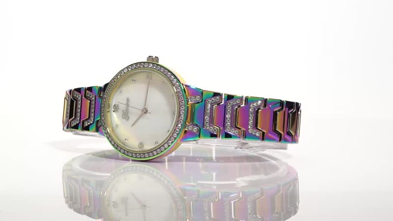 STRADA Simulated Diamond Japanese Movement Bracelet Watch in Silvertone (32mm) (5.50-7.25 Inch) 0.80 ctw