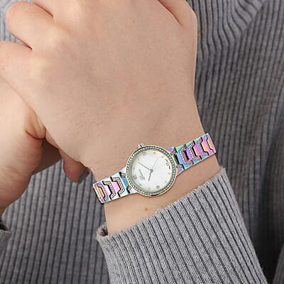Genoa Simulated Diamond Japanese Movement Bracelet Watch in Silvertone (32mm) (5.50-7.25 Inch) 0.80 ctw