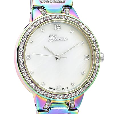 Genoa Simulated Diamond Japanese Movement Bracelet Watch in Silvertone (32mm) (5.50-7.25 Inch) 0.80 ctw