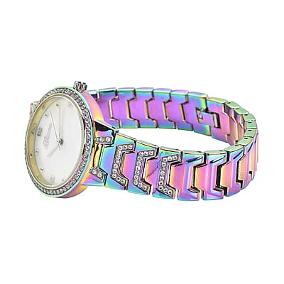 Genoa Simulated Diamond Japanese Movement Bracelet Watch in Silvertone (32mm) (5.50-7.25 Inch) 0.80 ctw