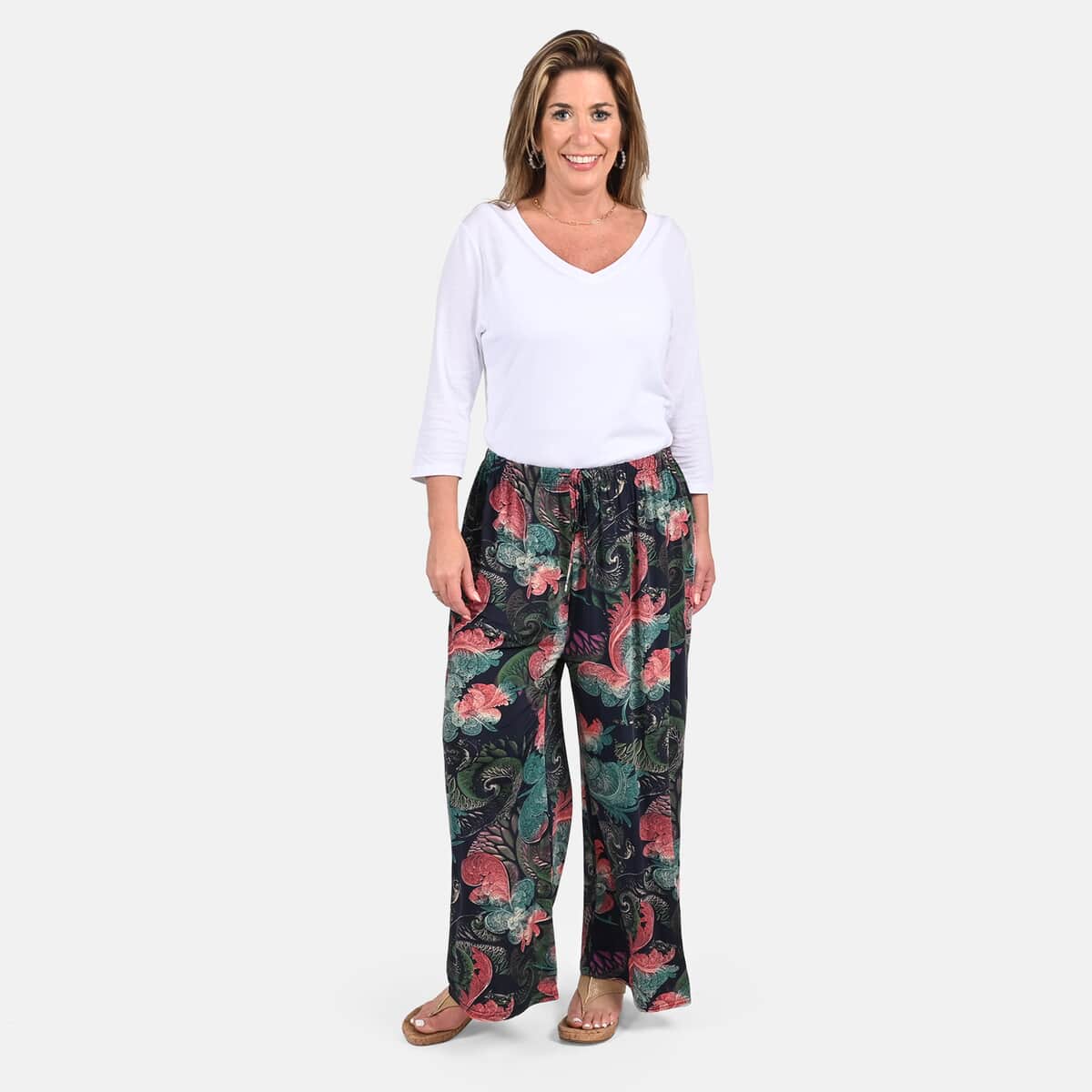 TAMSY Blue Color Red and Green Printed Trousers - One Size Missy image number 0