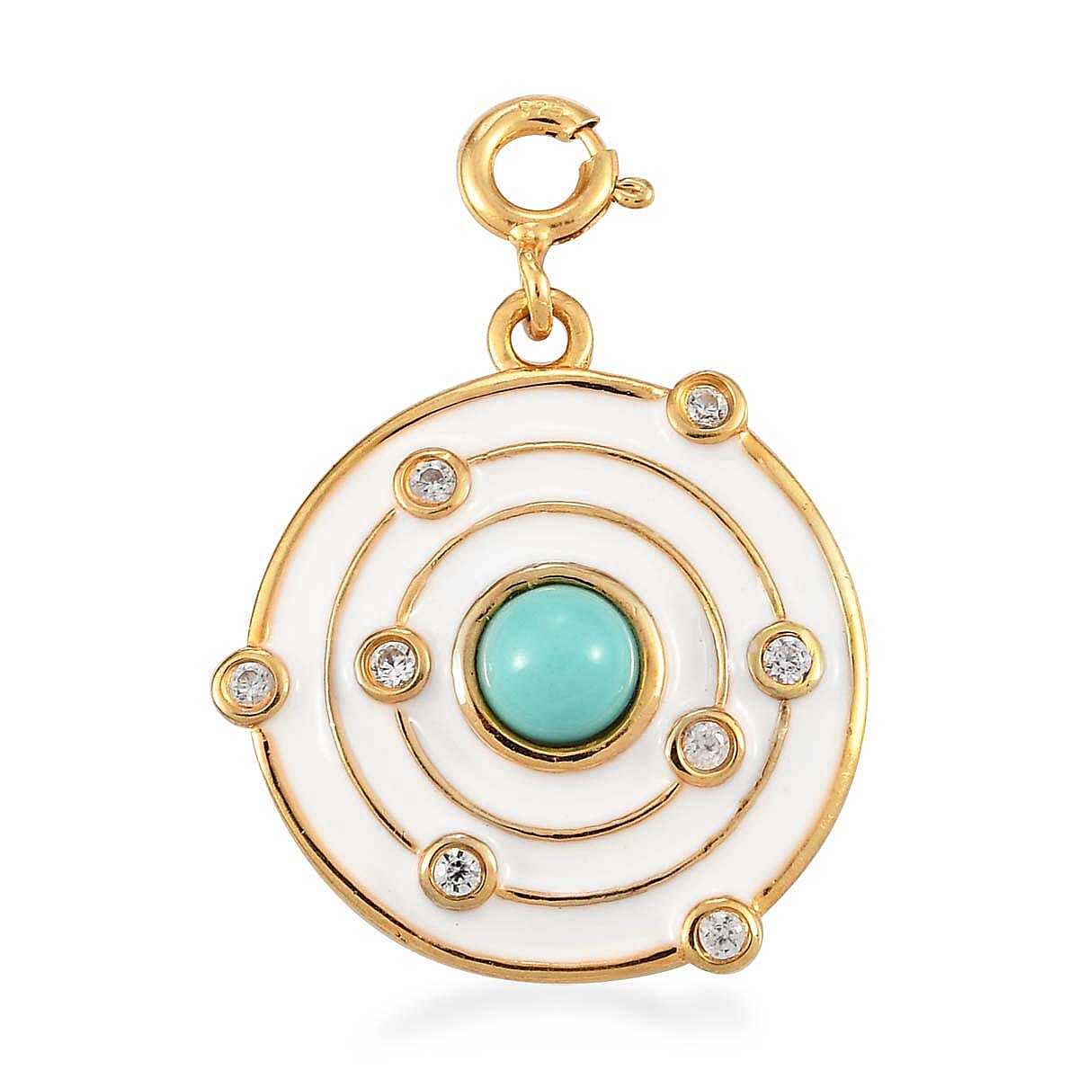 Mexican Turquoise and Natural White Zircon White Enameled Solar System Charm in Vermeil Yellow Gold Over Sterling Silver 0.65 ctw