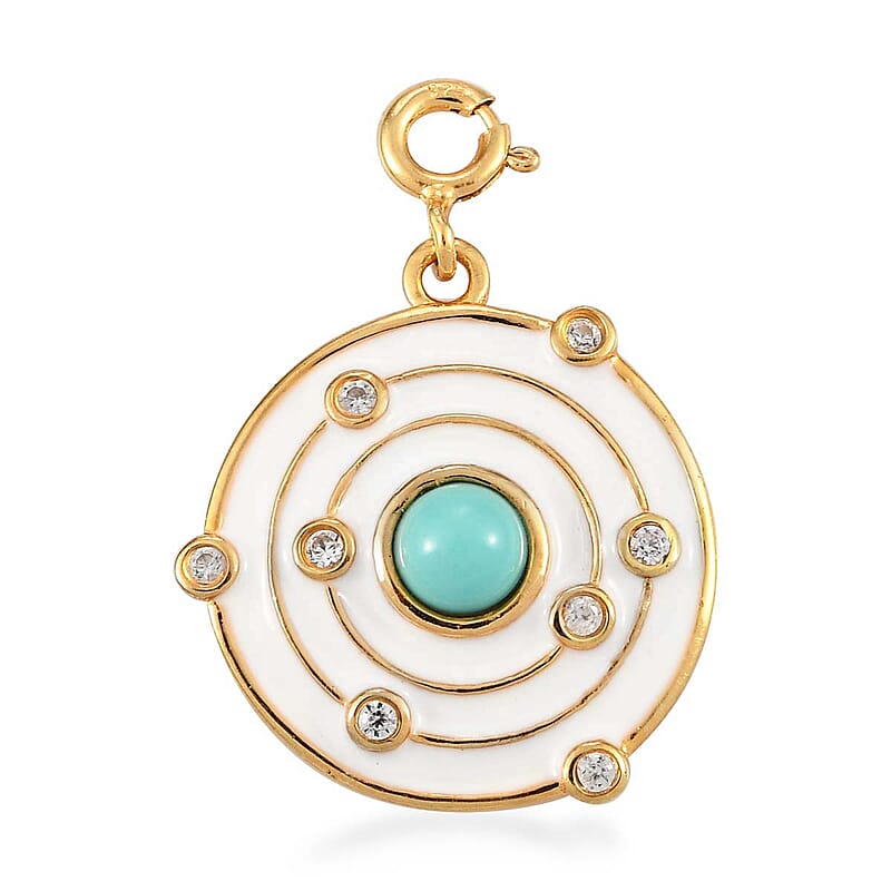 Mexican Turquoise and Natural White Zircon White Enameled Solar System Charm in Vermeil Yellow Gold Over Sterling Silver 0.65 ctw