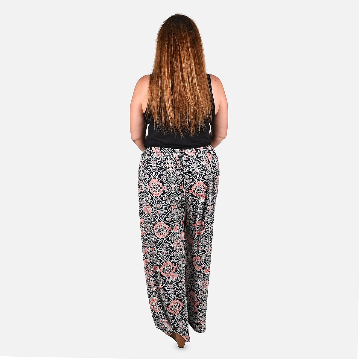 Tamsy Navy Color Pink Printed Trousers - One Size Curve image number 1