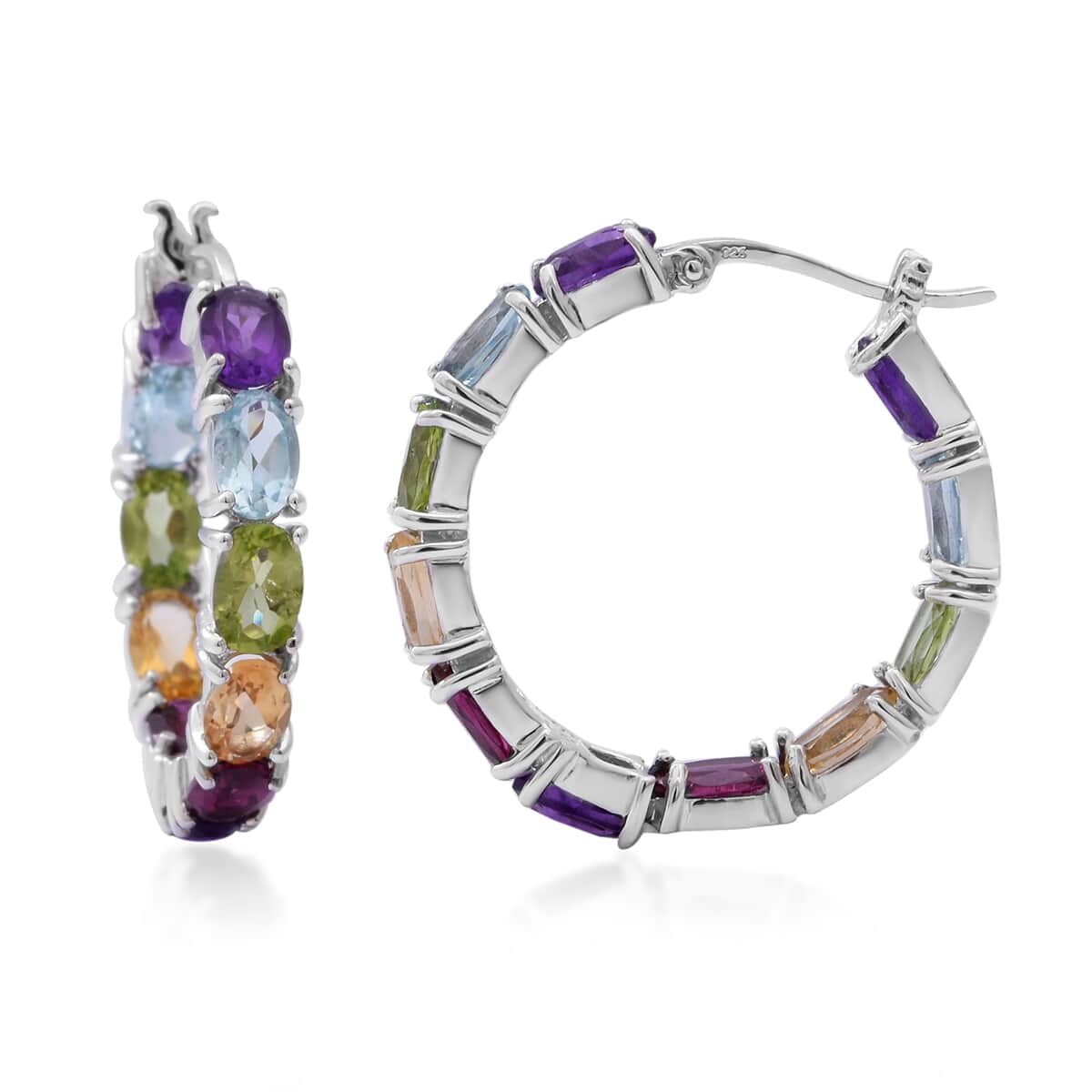 Multi Gemstone Hoop Earrings in Platinum Over Sterling Silver 10.65 ctw image number 0