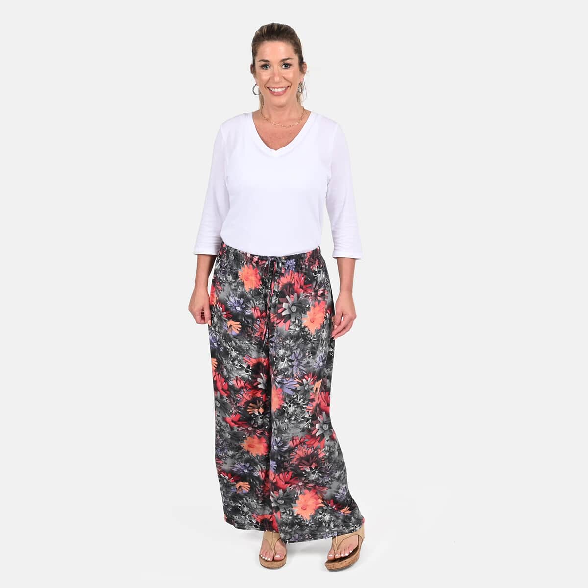 Tamsy Black with Orange Floral Printed Trouser - One Size Fits Most image number 0
