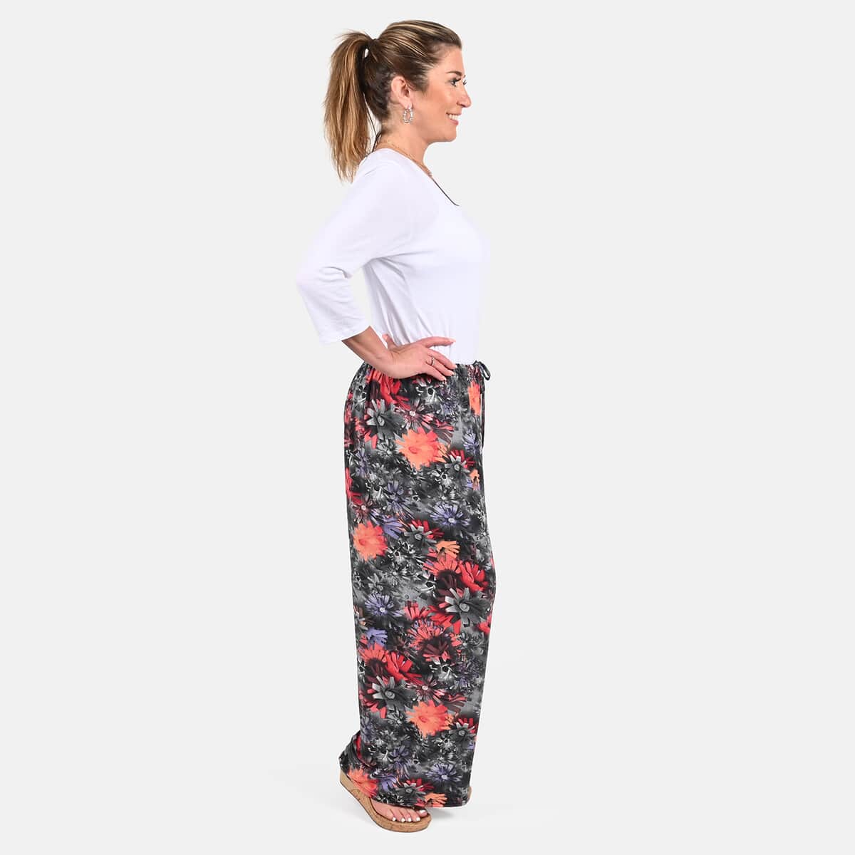 Tamsy Black with Orange Floral Printed Trouser - One Size Fits Most image number 2