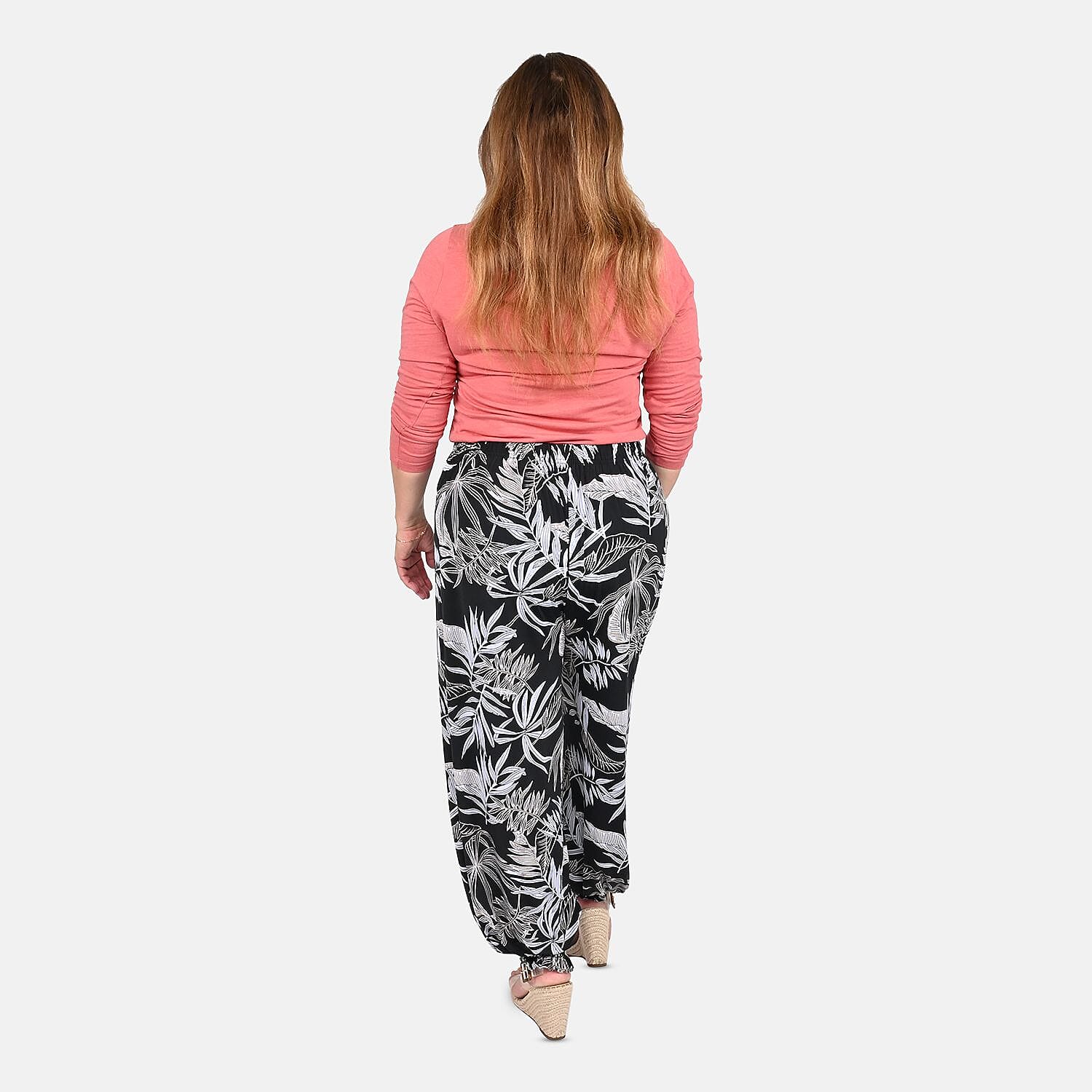 Tamsy Black and Beige Leaves Print Pattern Trousers - One Size Missy