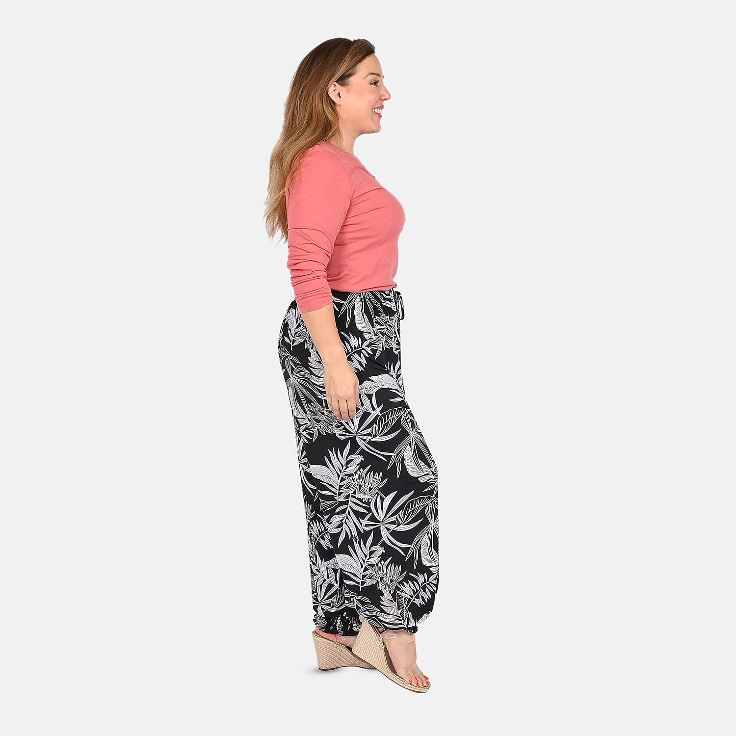 Tamsy Black and Beige Leaves Print Pattern Trousers - One Size Missy