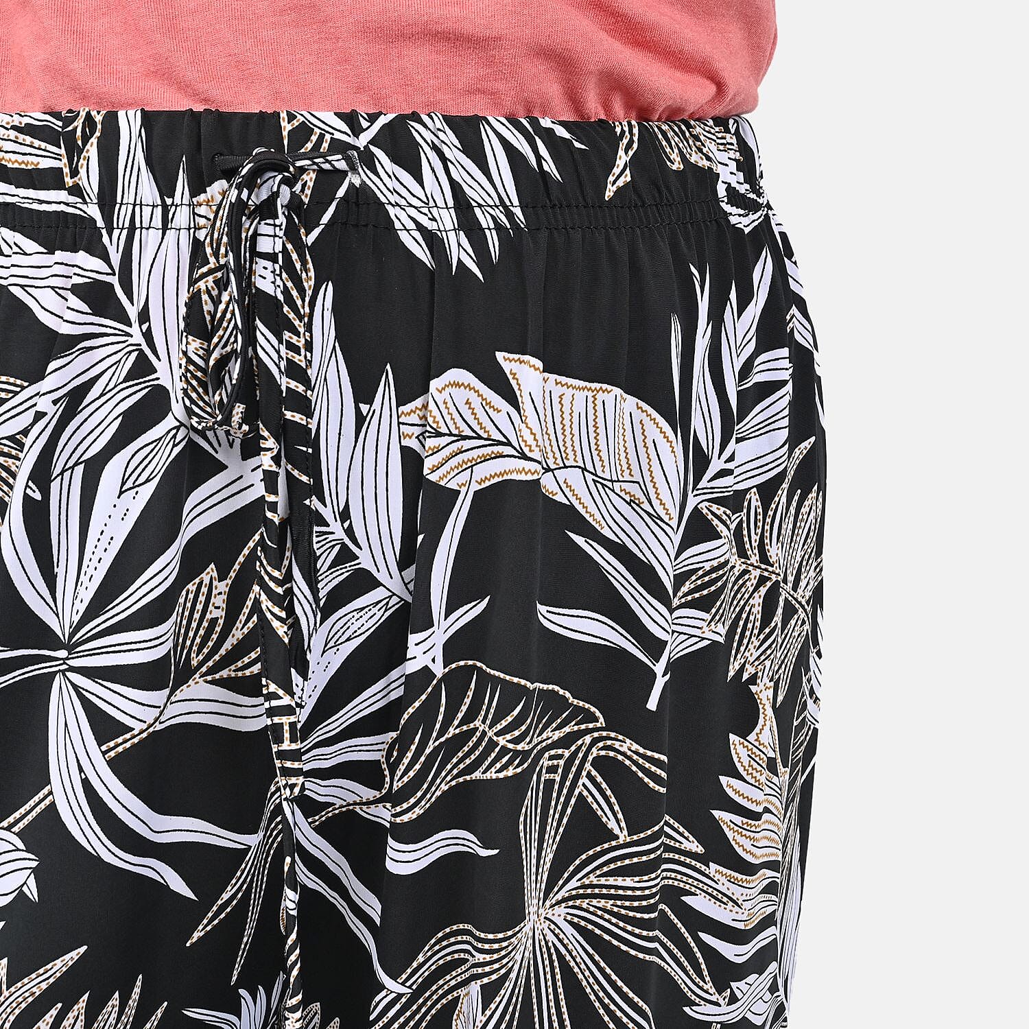 Tamsy Black and Beige Leaves Print Pattern Trousers - One Size Missy
