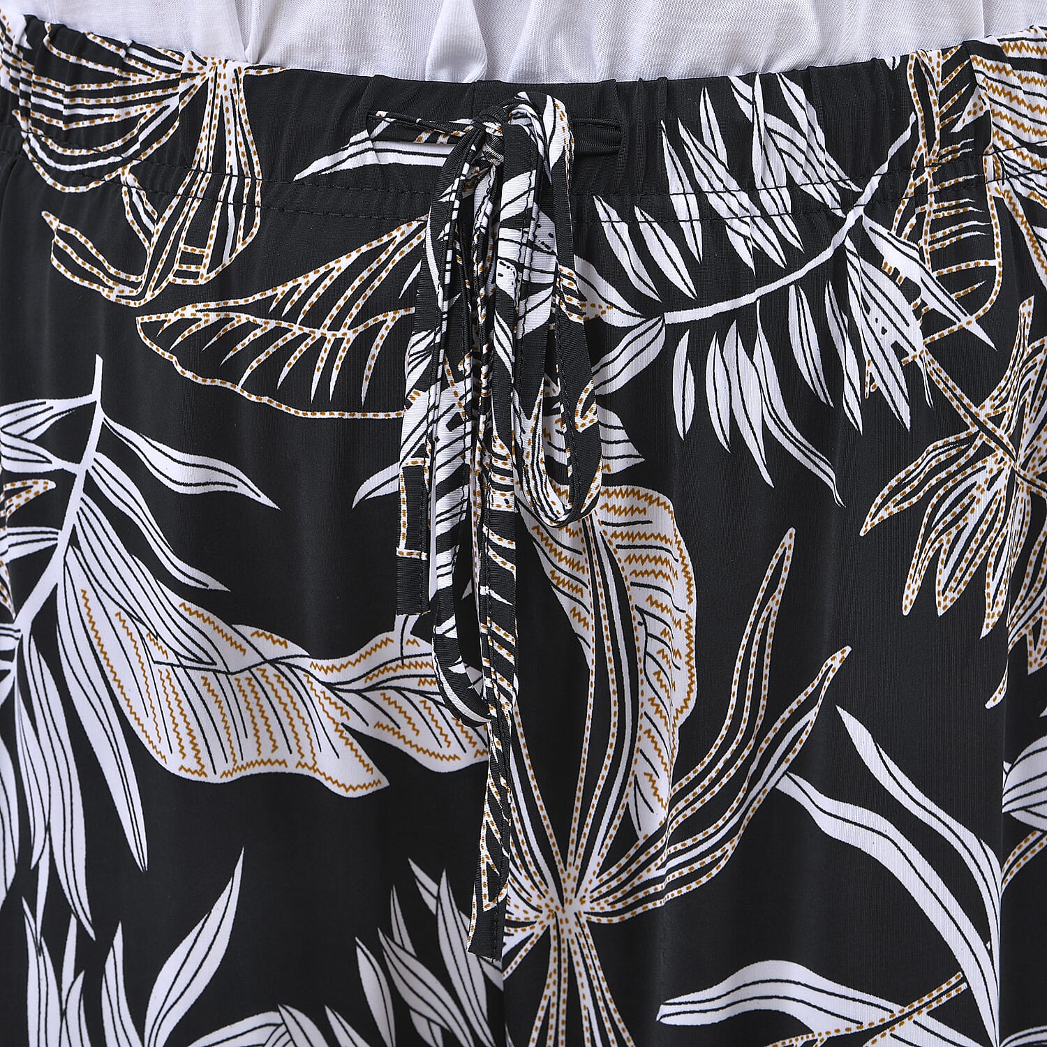 Tamsy Black and Beige Leaves Print Pattern Trousers - One Size Missy