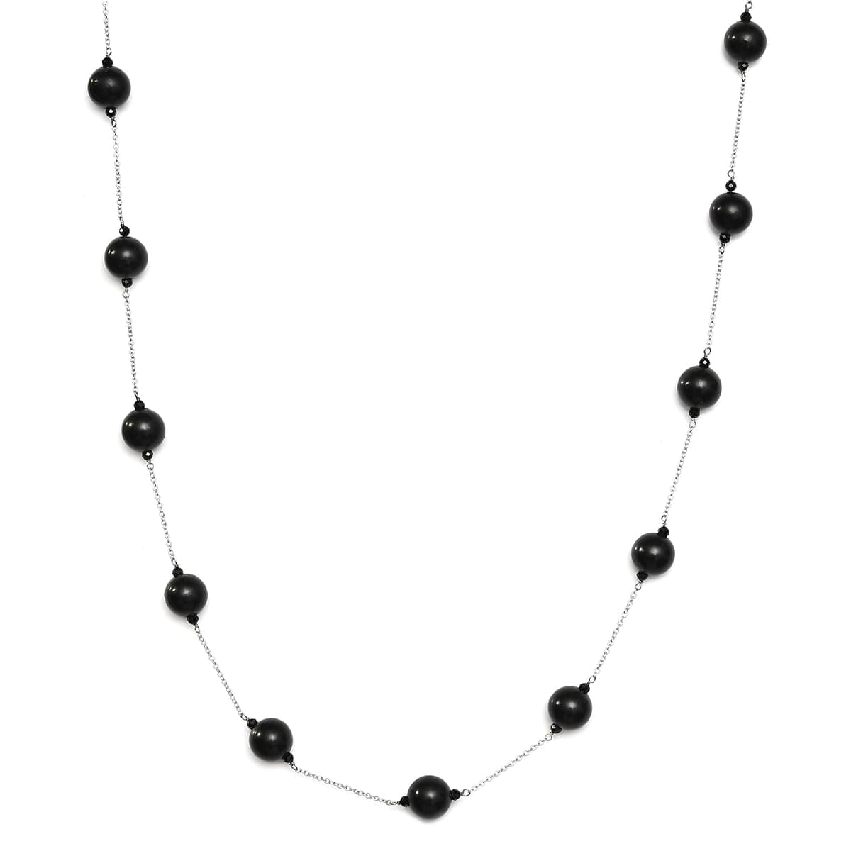 Shungite and Natural Thai Black Spinel Station Beaded Necklace 30 Inches in Rhodium Over Sterling Silver 135.00 ctw image number 0