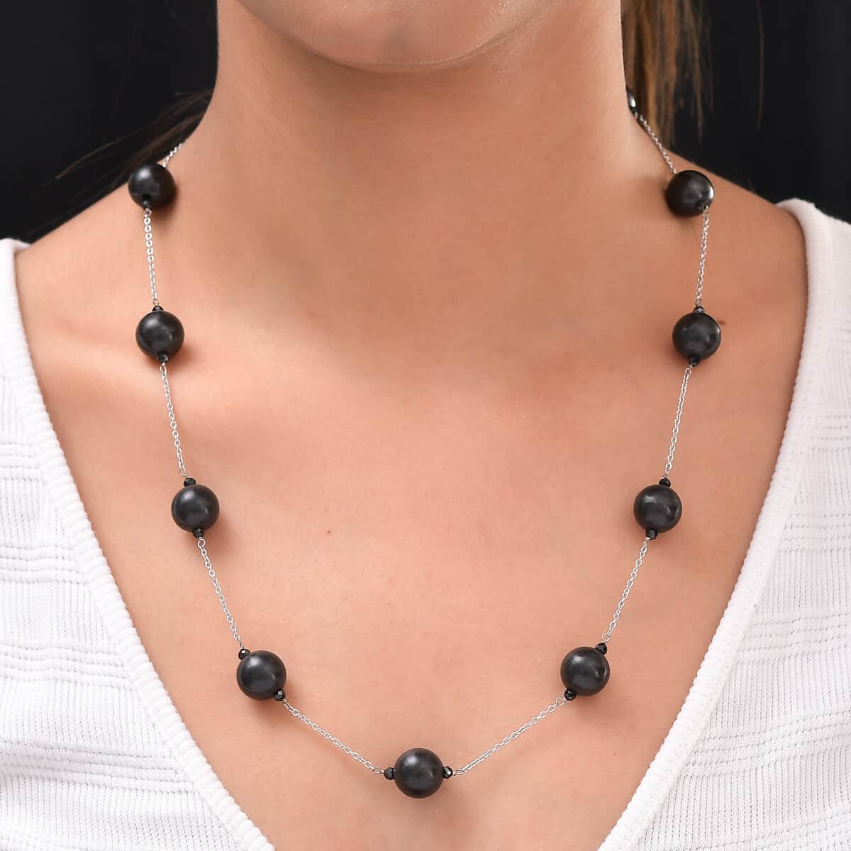Shungite and Natural Thai Black Spinel Station Beaded Necklace 30 Inches in Rhodium Over Sterling Silver 135.00 ctw image number 2