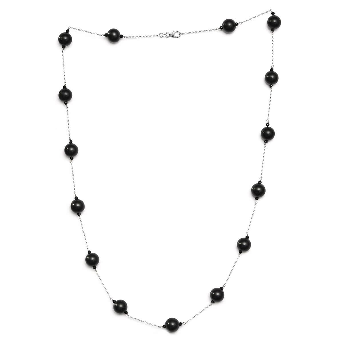 Shungite and Natural Thai Black Spinel Station Beaded Necklace 30 Inches in Rhodium Over Sterling Silver 135.00 ctw image number 3