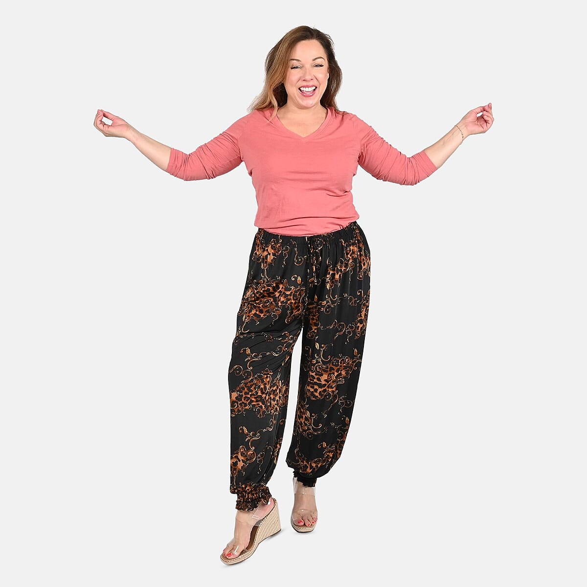 Tamsy Black and Yellow Leopard Pattern Trousers - One Size Curve image number 0