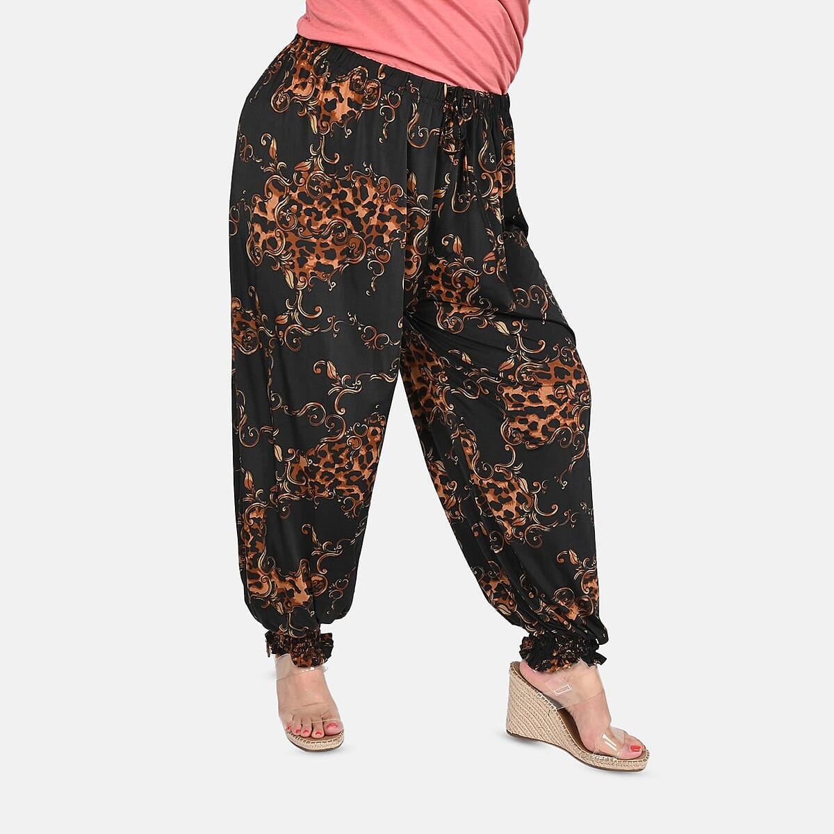 Tamsy Black and Yellow Leopard Pattern Trousers - One Size Curve image number 3