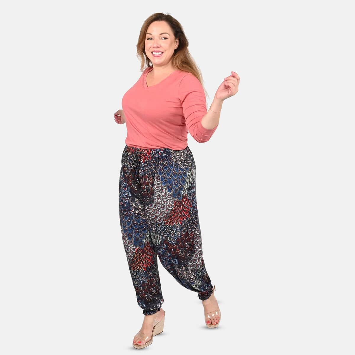 Tamsy Blue and Orange Abstract Bohemian Pattern Trousers - One Size Missy image number 0