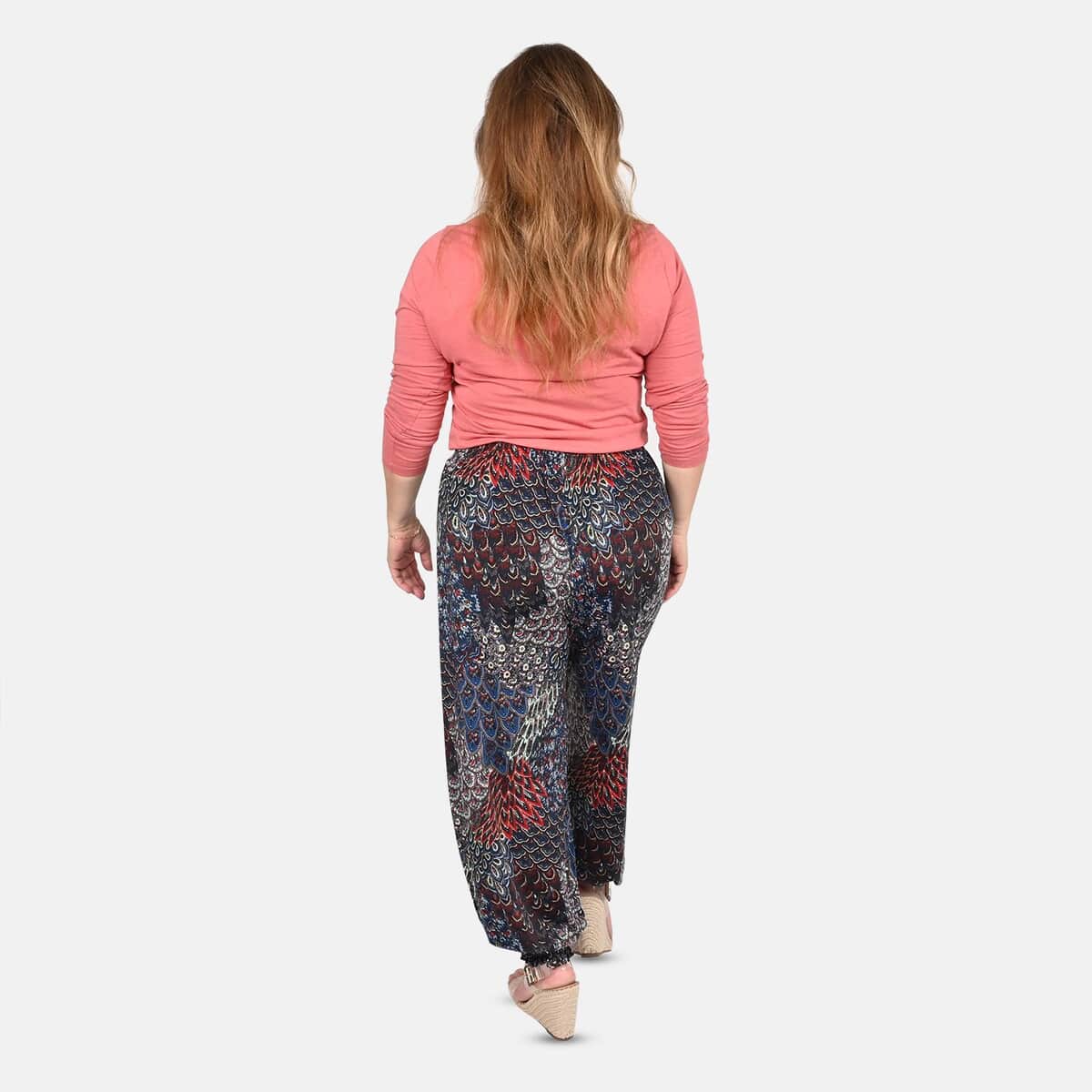 Tamsy Blue and Orange Abstract Bohemian Pattern Trousers - One Size Missy image number 1