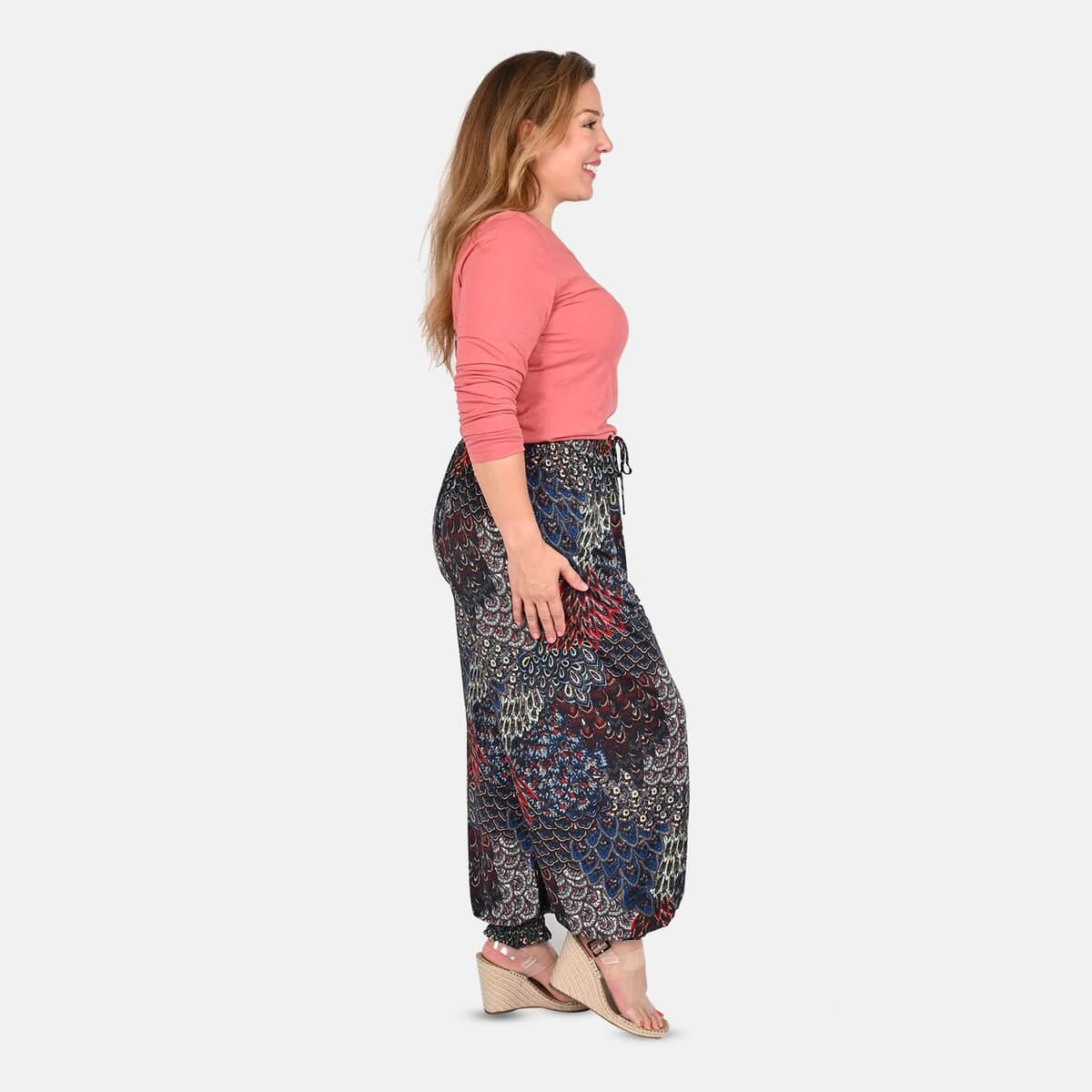 Tamsy Blue and Orange Abstract Bohemian Pattern Trousers - One Size Missy image number 2