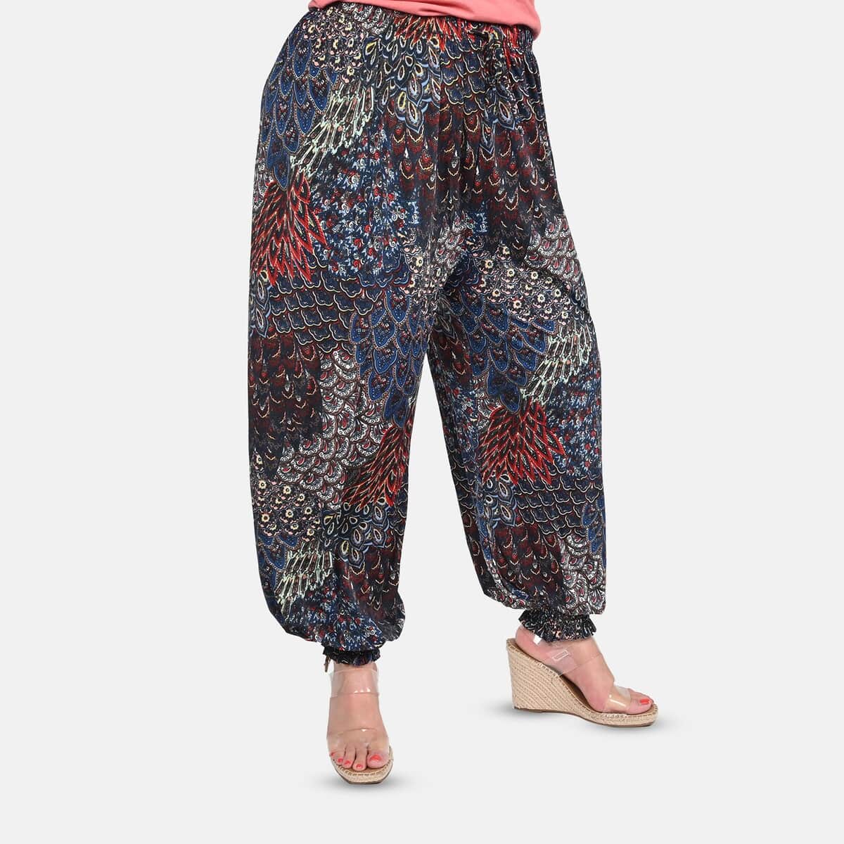 Tamsy Blue and Orange Abstract Bohemian Pattern Trousers - One Size Missy image number 3