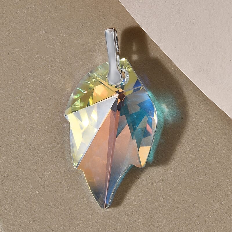 Aurora Borealis Crystal Leaf Pendant in Sterling Silver