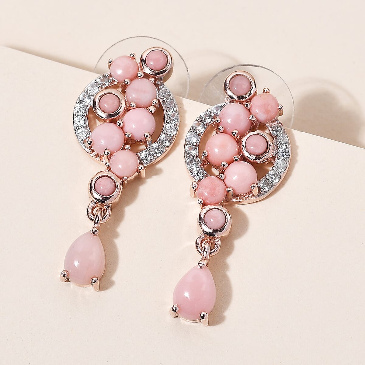 AMERICAN Oregon Peach Opal and Natural White Zircon Dangling Earrings in Vermeil Rose Gold Over Sterling Silver 3.60 ctw image number 1