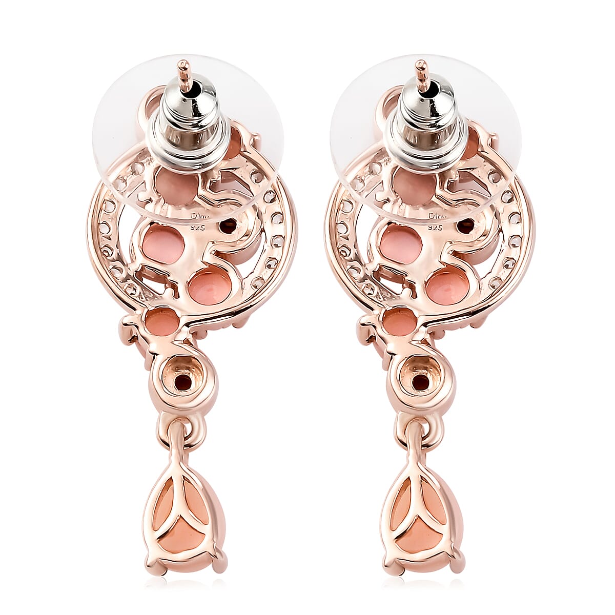 AMERICAN Oregon Peach Opal and Natural White Zircon Dangling Earrings in Vermeil Rose Gold Over Sterling Silver 3.60 ctw image number 3