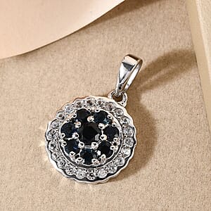 Premium Monte Belo Indicolite and White Zircon Floral Pendant in Platinum Over Sterling Silver 1.00 ctw