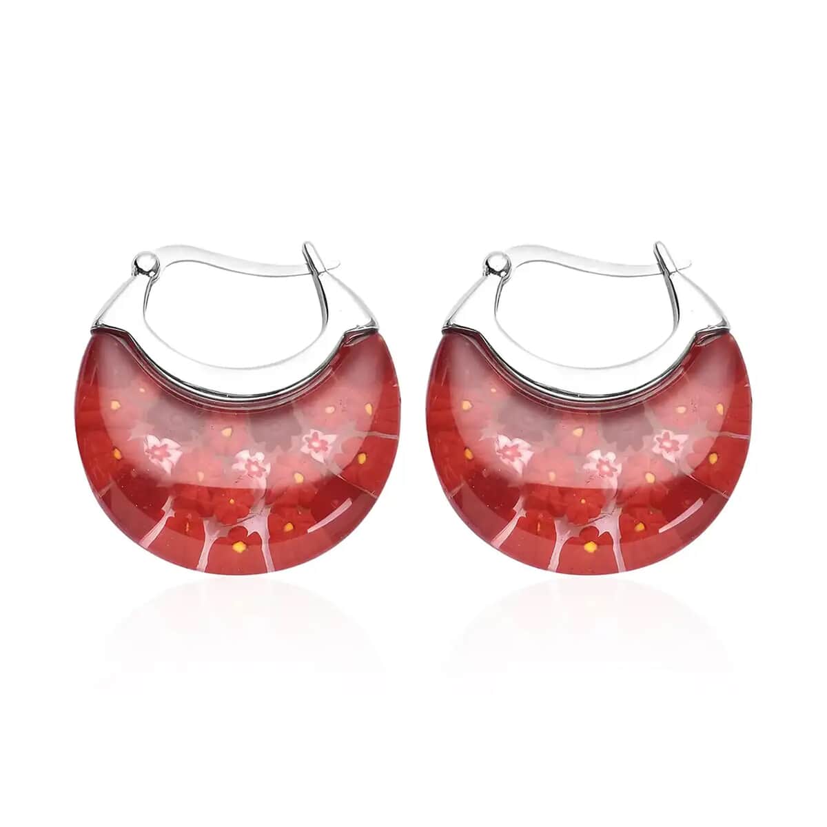 Red Color Murano Style Basket Hoop Earrings in Stainless Steel, Floral Millefiori Earrings, Sweatproof Hypoallergenic Earrings image number 0