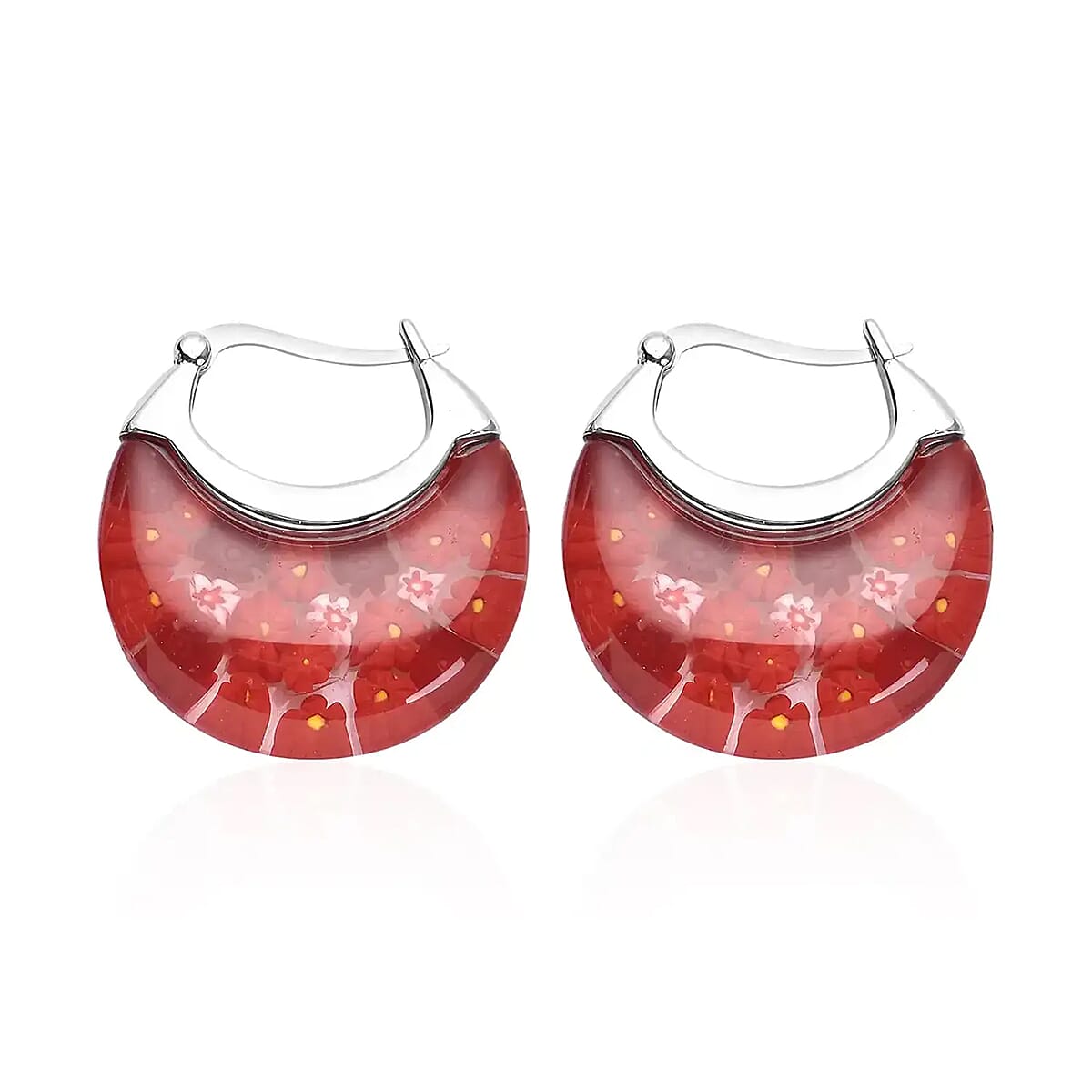 Red Color Murano Style Basket Hoop Earrings in Stainless Steel, Floral Millefiori Earrings, Sweatproof Hypoallergenic Earrings image number 0