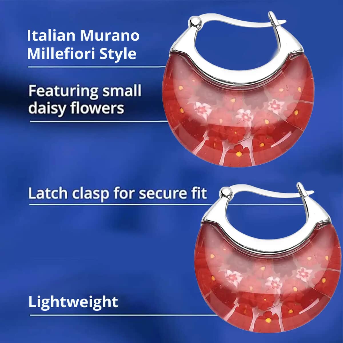 Red Color Murano Style Basket Hoop Earrings in Stainless Steel, Floral Millefiori Earrings, Sweatproof Hypoallergenic Earrings image number 2