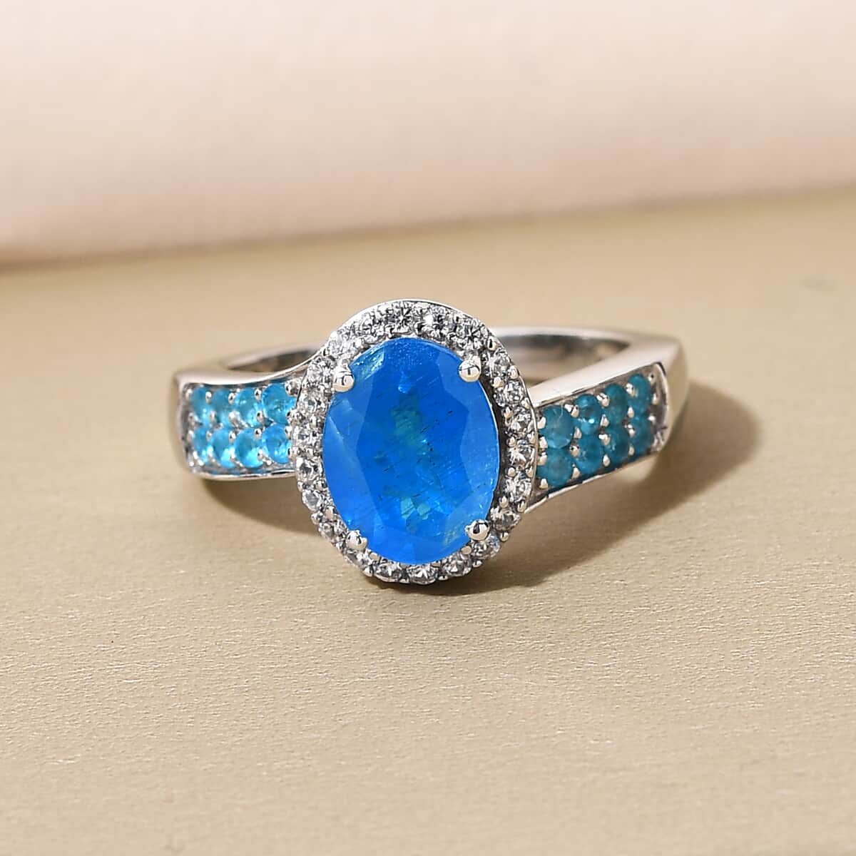 Malgache Neon Apatite and Natural White Zircon Ring in Platinum Over Sterling Silver (Size 7.0) 2.40 ctw image number 1