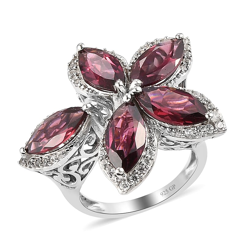 GP Italian Garden Collection Orissa Rhodolite Garnet and Natural White Zircon Bypass Floral Ring in Platinum Over Sterling Silver (Size 10.0) 6.25 ctw