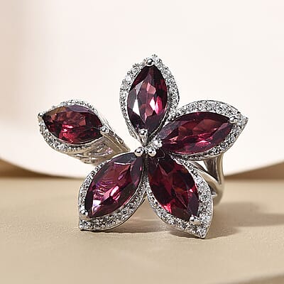 GP Italian Garden Collection Orissa Rhodolite Garnet and Natural White Zircon Bypass Floral Ring in Platinum Over Sterling Silver (Size 10.0) 6.25 ctw