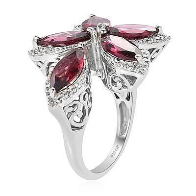 GP Italian Garden Collection Orissa Rhodolite Garnet and Natural White Zircon Bypass Floral Ring in Platinum Over Sterling Silver (Size 10.0) 6.25 ctw