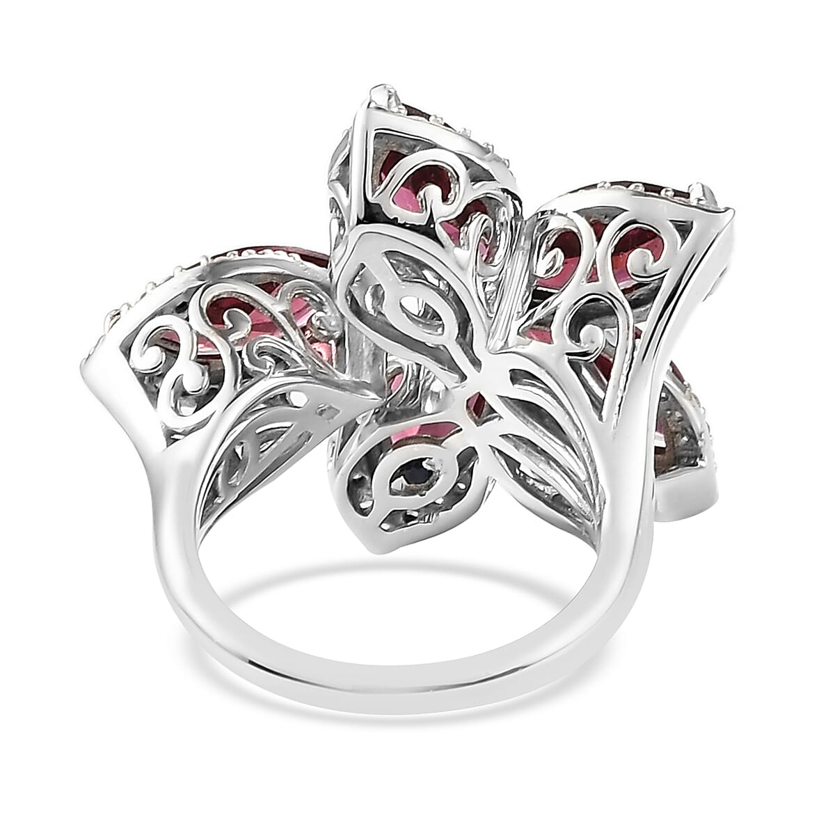 GP Italian Garden Collection Orissa Rhodolite Garnet and Natural White Zircon Bypass Floral Ring in Platinum Over Sterling Silver (Size 10.0) 6.25 ctw